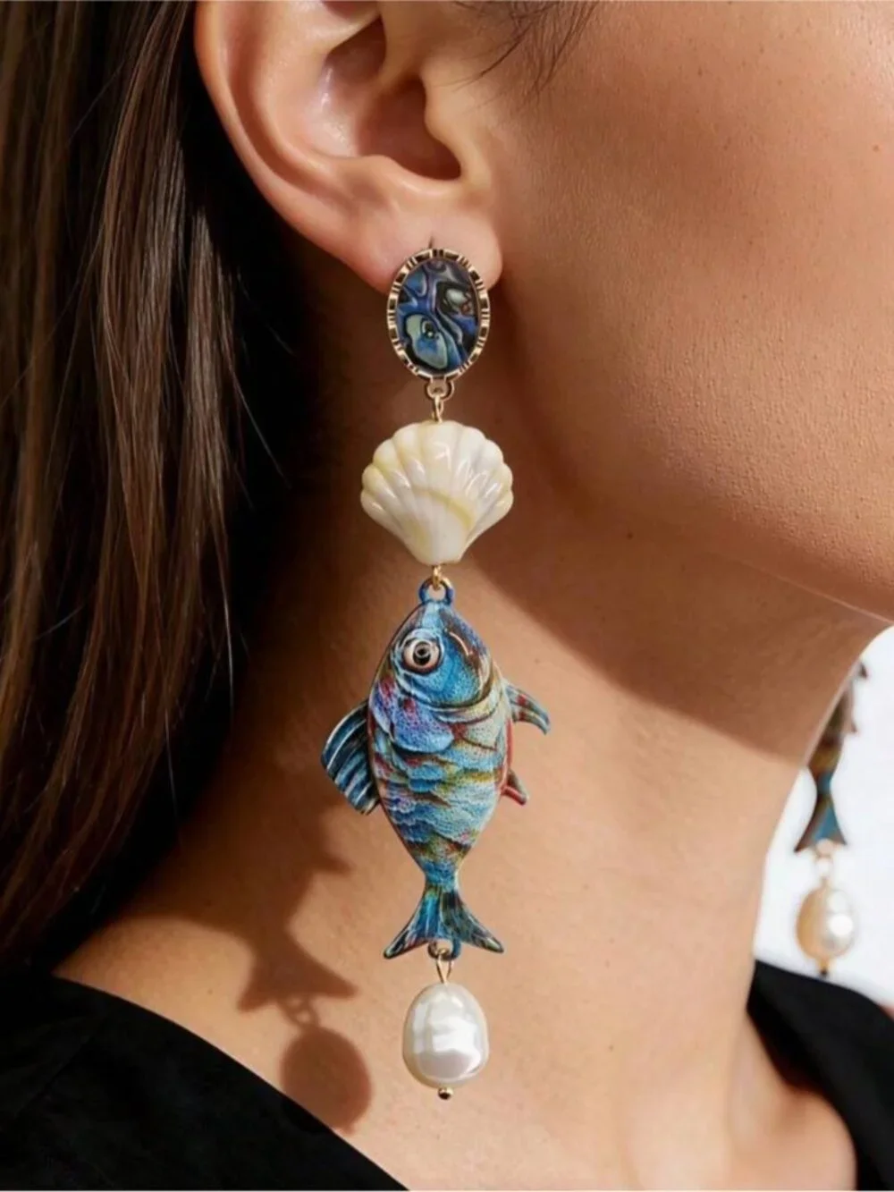 Statement Blue Fish Drop Earrings Q1116